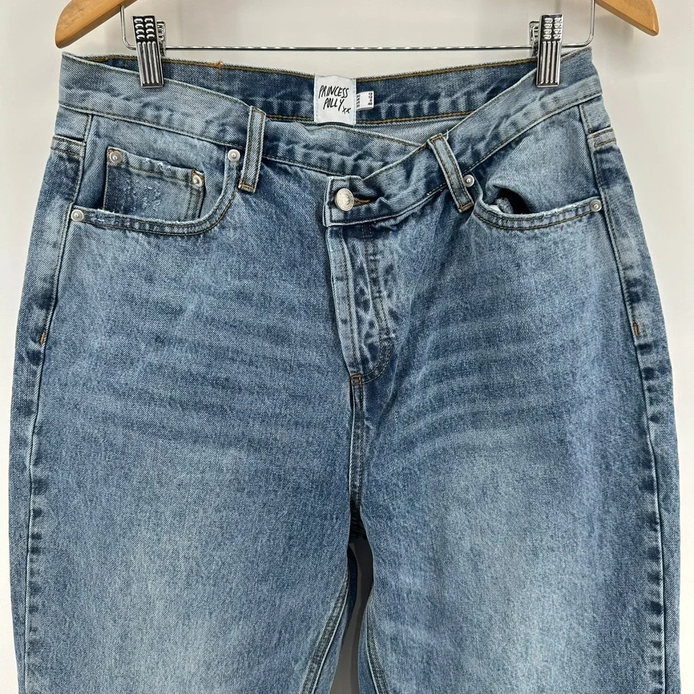 Princess Polly Button Fly Jeans Womens 8 Blue Denim High Rise Straight Whisker